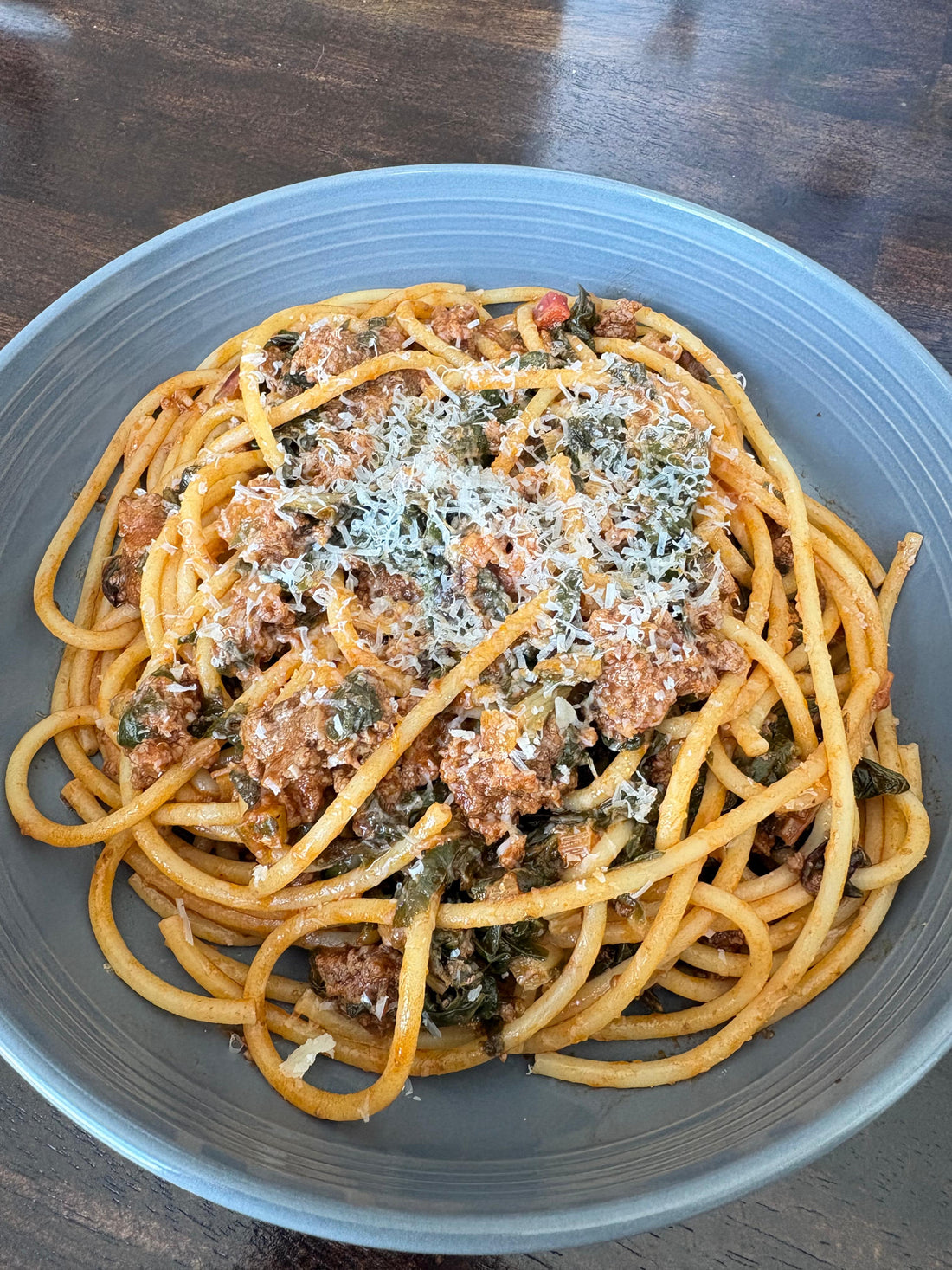 Cozy Bolognese Bucatini with Chard