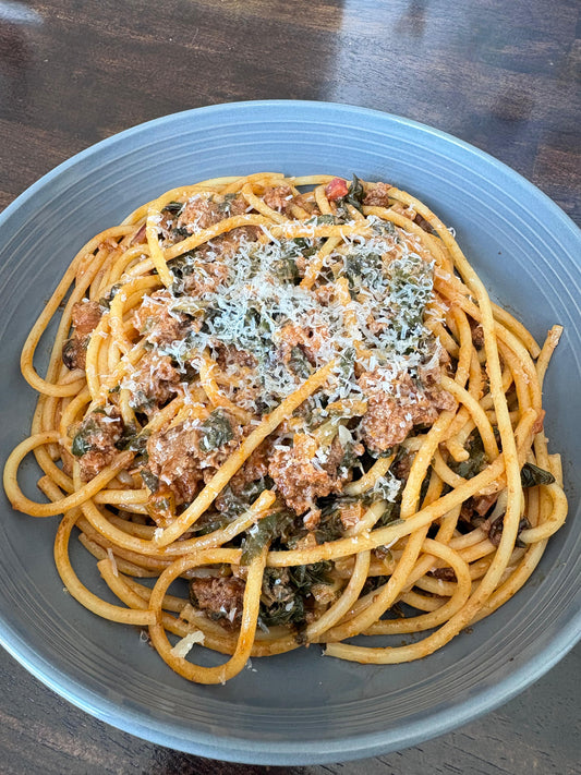 Cozy Bolognese Bucatini with Chard