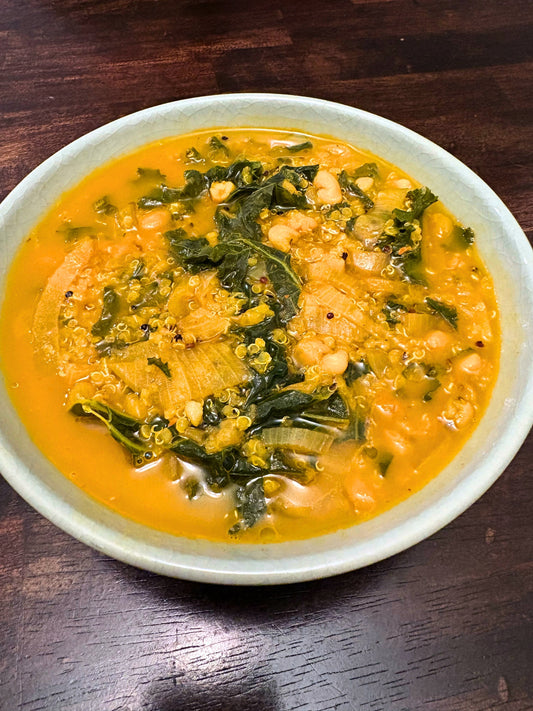 Onion White Bean Kale Soup with Quinoa